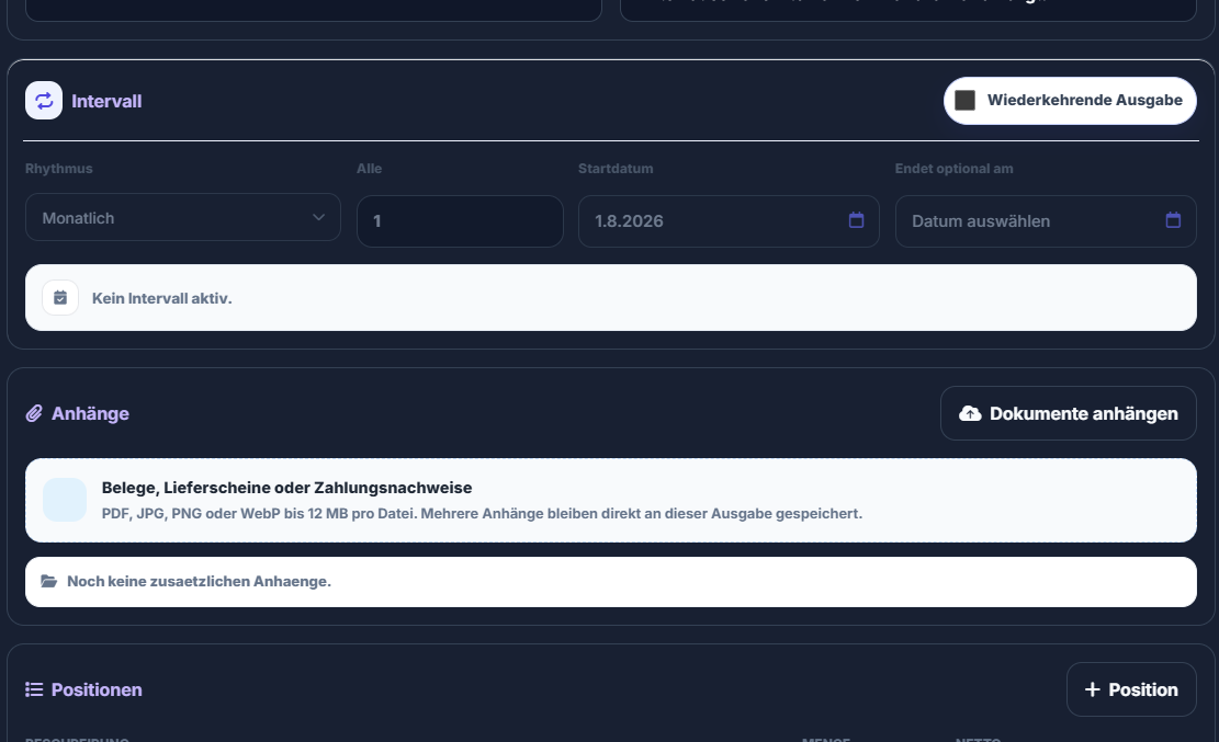 INVOXA Ausgabeneditor im Dark Mode mit Intervall, Anhängen und Positionen