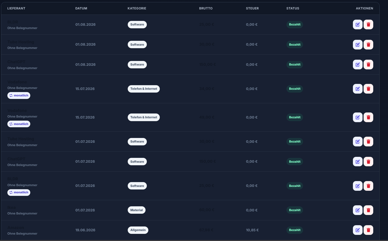 INVOXA Ausgabenliste im Dark Mode mit Lieferant, Datum, Kategorie, Steuer und Status