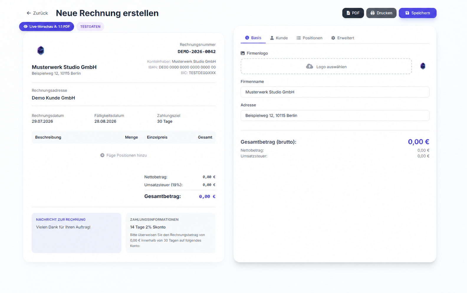 INVOXA Rechnungseditor mit fiktiven Testdaten